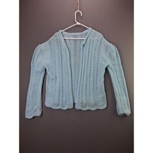Unbranded Cardigan Sweater Crochet Knit Vintage Style Small Blue Puff Sleeve